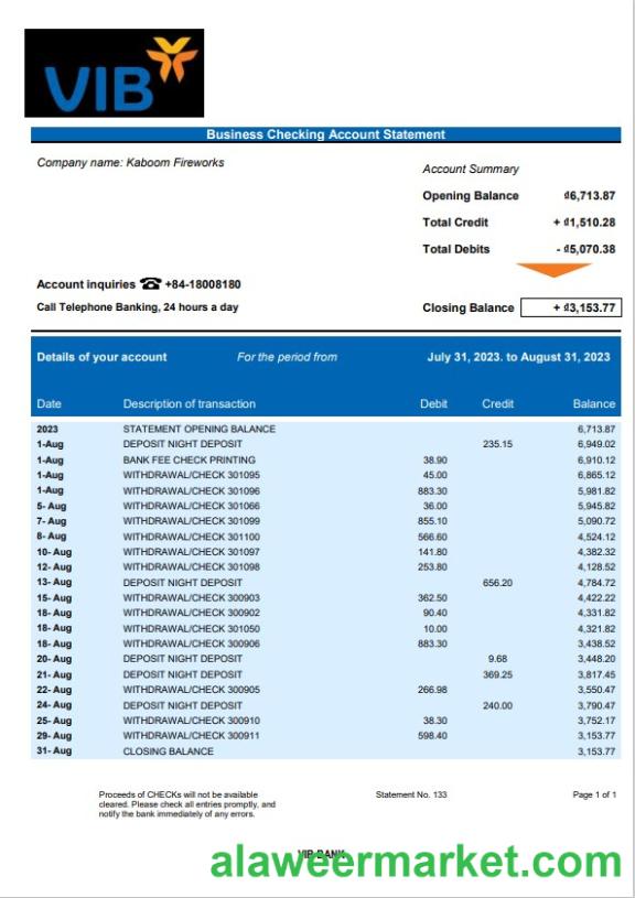 VIB Bank business checking account statement Word and PDF template
